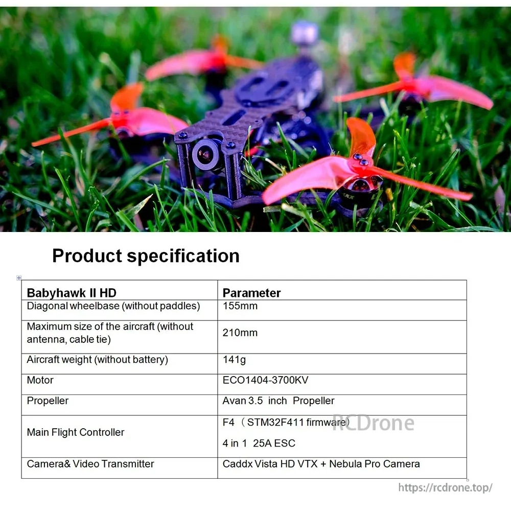 Babyhawk II HD on grass with product specification table (155mm wheelbase, 141g dry weight, Nebula Pro camera)