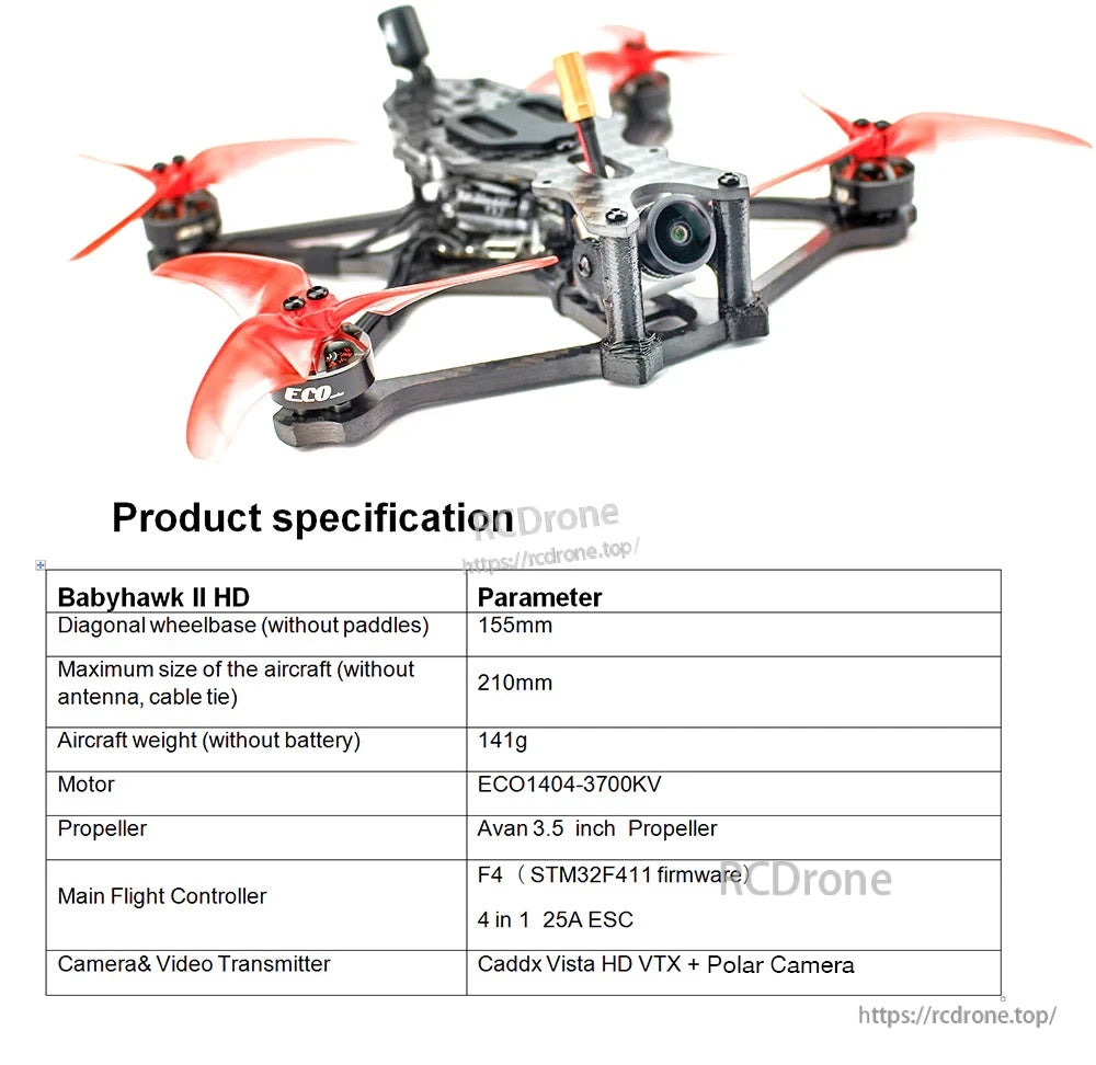 Babyhawk II HD studio view with product specification table for Polar camera and Caddx Vista HD VTX