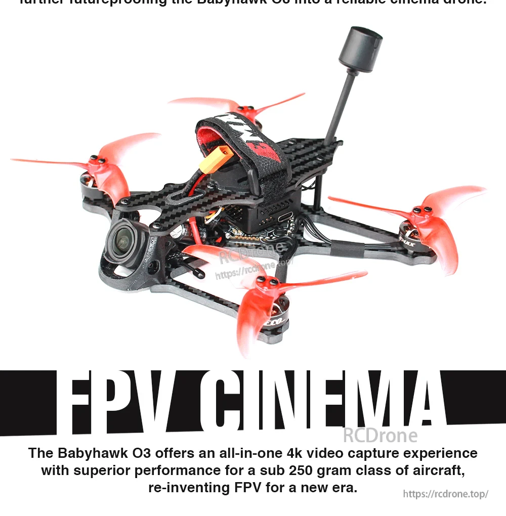Angled view of the EMAX Babyhawk O3 with antenna, DJI O3 camera, and red 3.5-inch propellers