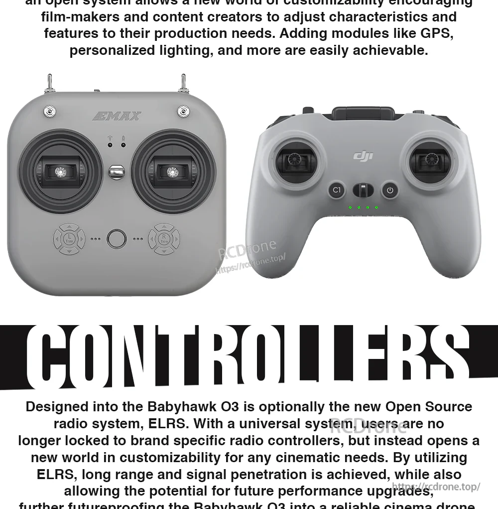 EMAX and DJI radio controller compatibility graphic for ExpressLRS (ELRS) control link