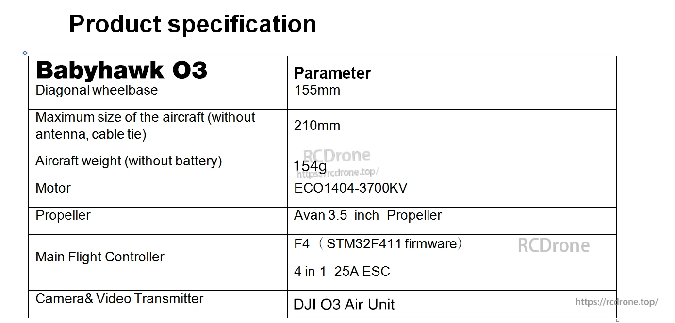 Babyhawk O3 product specification table with wheelbase, weight, motor KV, prop size, FC, ESC, and DJI O3 Air Unit