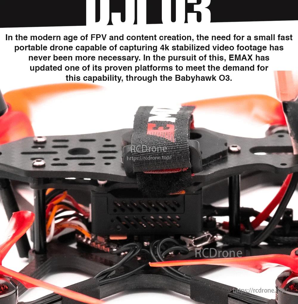 Top deck view of the Babyhawk O3 frame with battery strap, electronics stack, and wiring layout