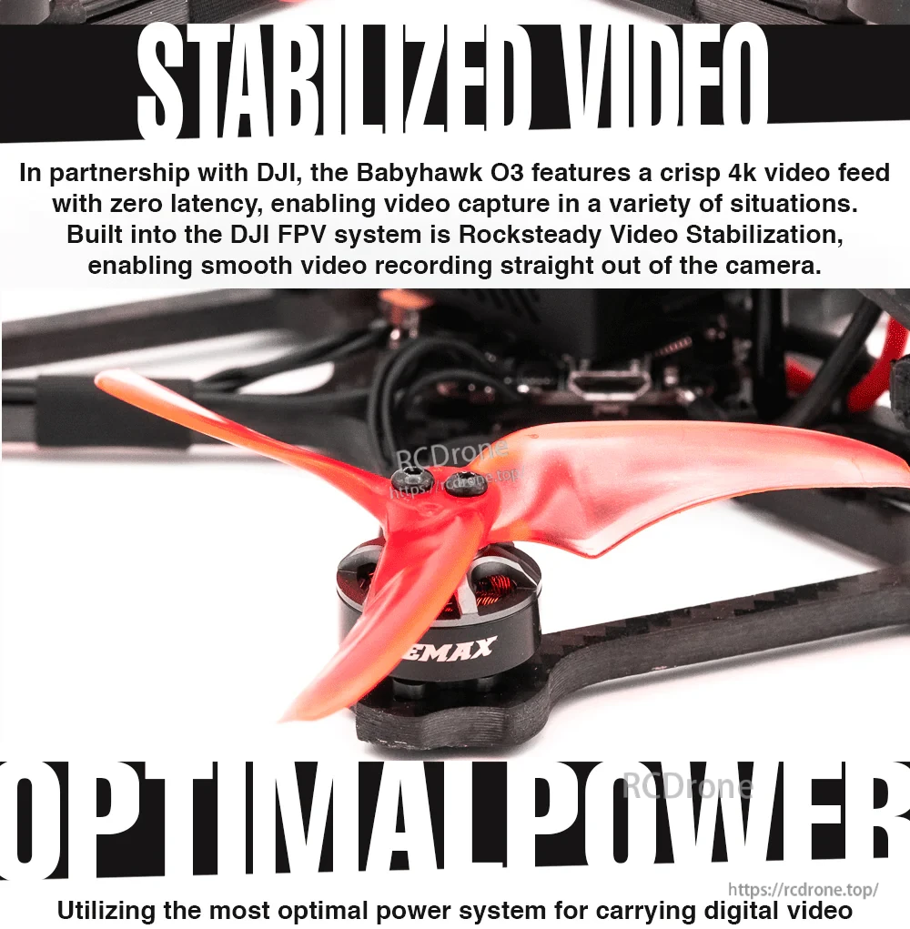 Close-up of EMAX motor and Avan 3.5-inch prop on the Babyhawk O3 power system
