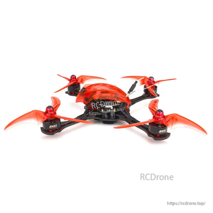 Low rear three-quarter view highlighting orange canopy profile, motor layout, and propeller spacing on frame