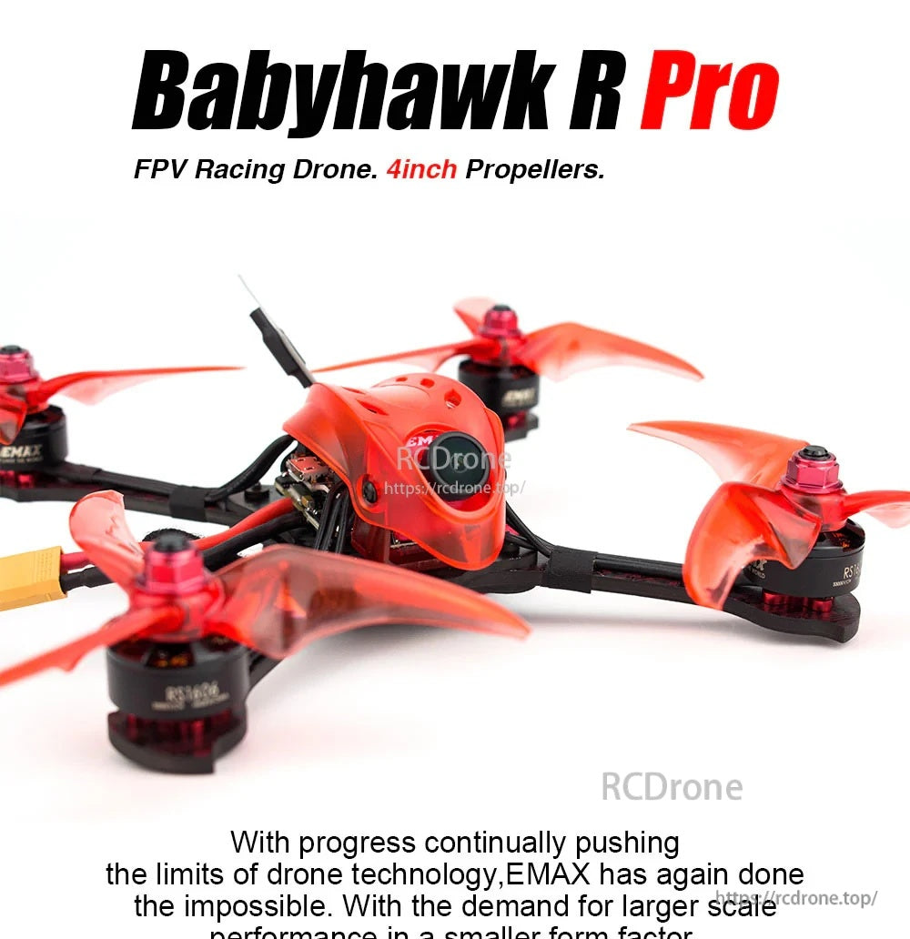 Emax Babyhawk R Pro 4 inch FPV racing drone with red canopy and 4-inch tri-blade props