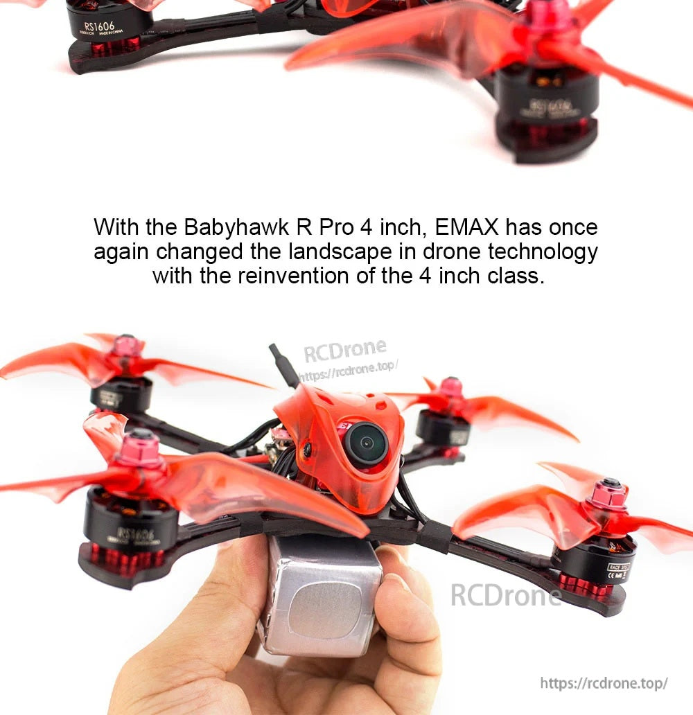 Handheld view of Babyhawk R Pro with front FPV camera and compact 4-inch racing drone size