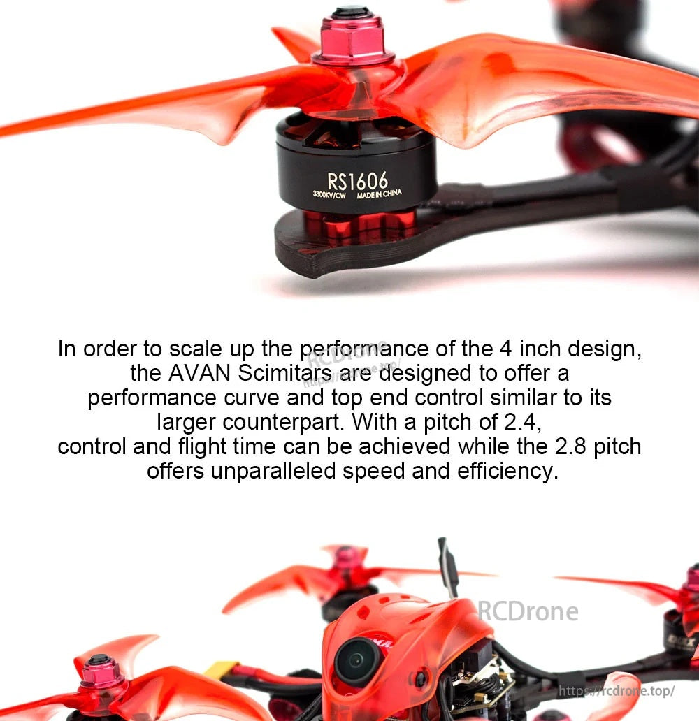 RS1606 brushless motor and red Avan Scimitar 4-inch propeller detail on Babyhawk R Pro