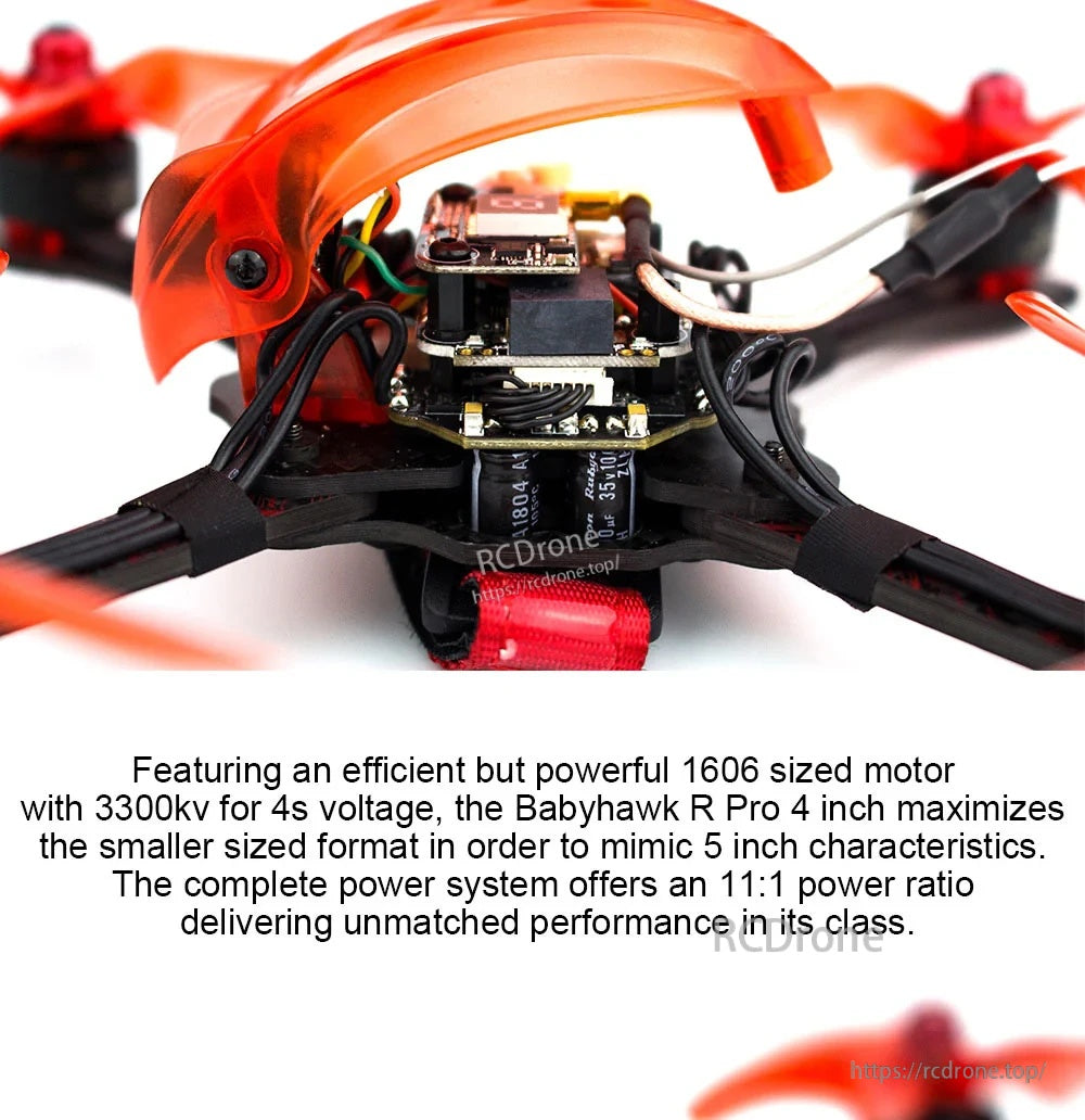 Close-up under-canopy electronics stack and wiring on the Babyhawk R Pro 4-inch FPV drone