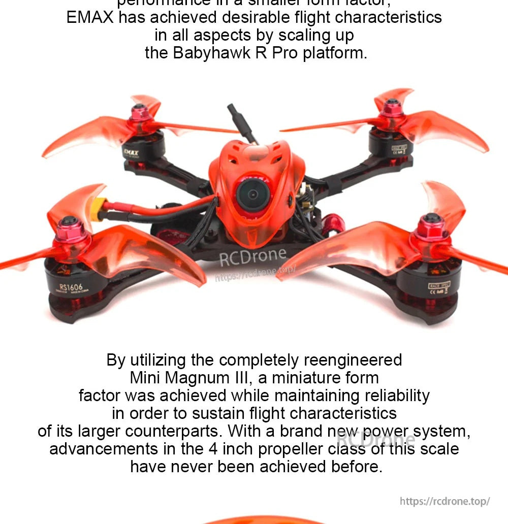 Top view of Babyhawk R Pro quadcopter frame with 4-inch propellers and compact racing layout