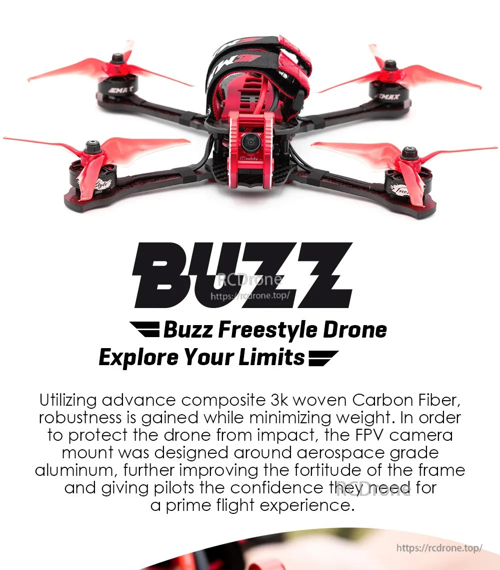 EMAX Buzz 245mm 5-inch freestyle FPV drone front view with carbon fiber frame and aluminum camera cage