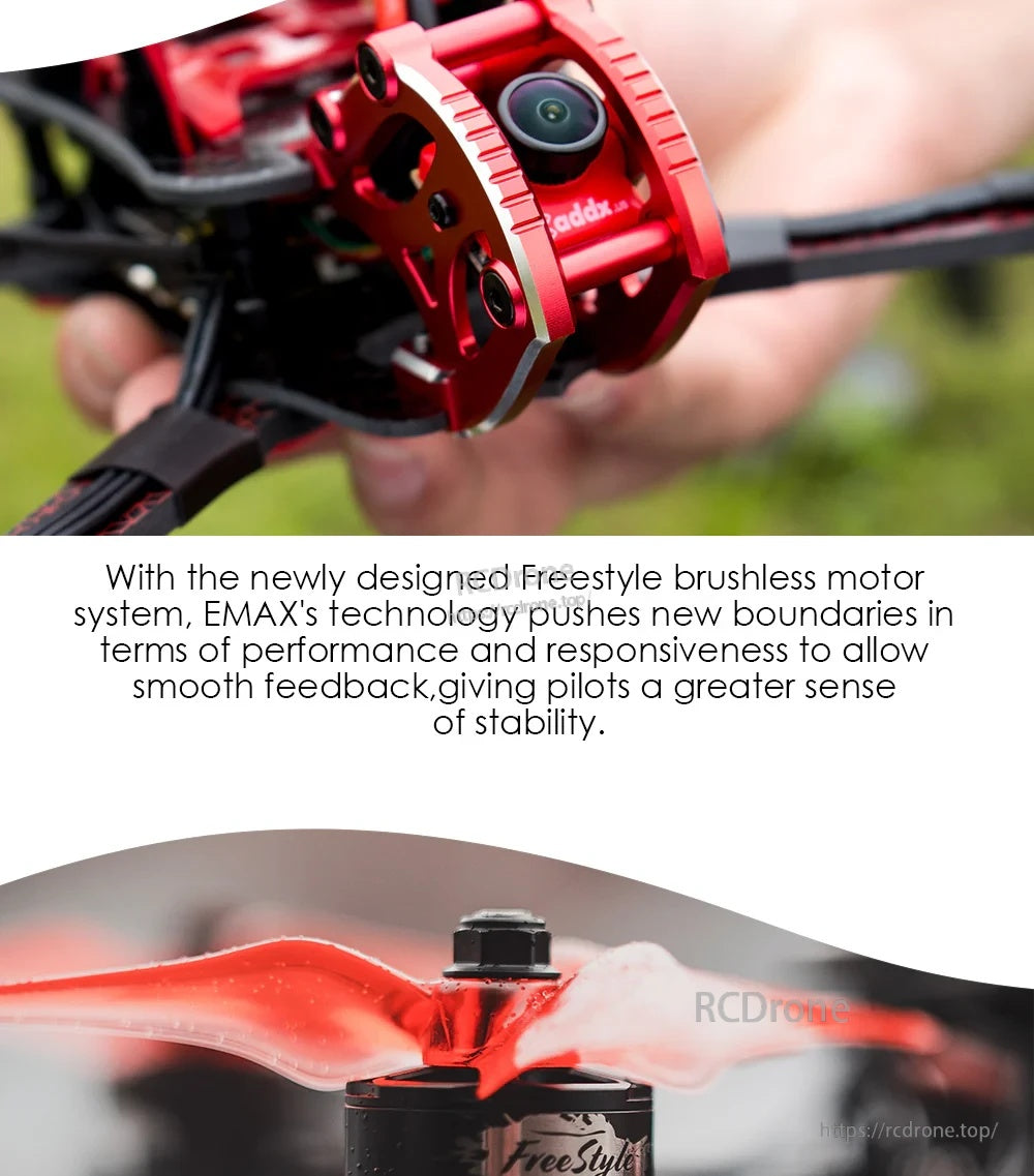 Close-up of EMAX Buzz front camera mount in red aluminum with FPV camera installed