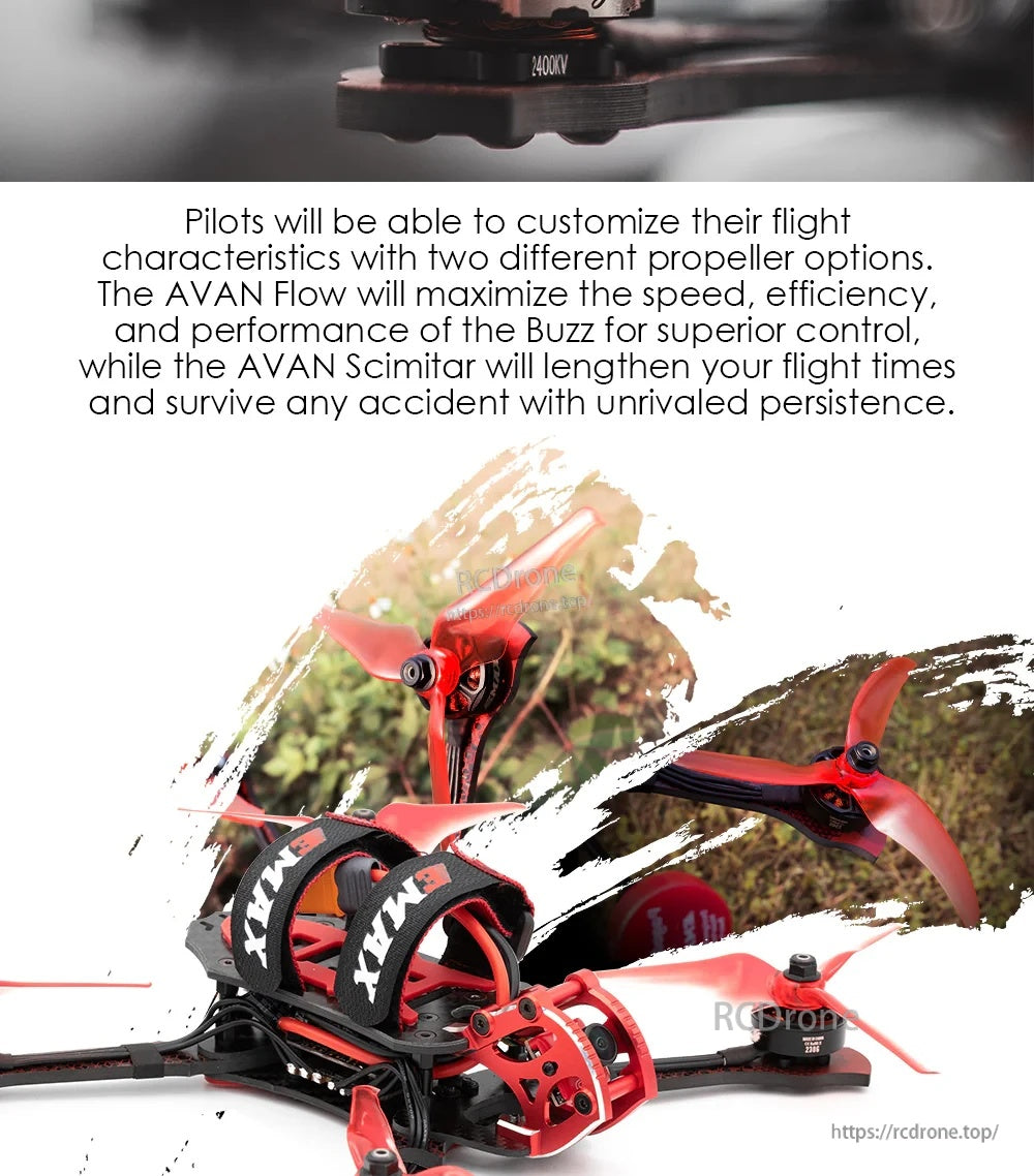 EMAX Buzz 245mm 5-inch freestyle FPV quadcopter with propeller options highlighted for freestyle control