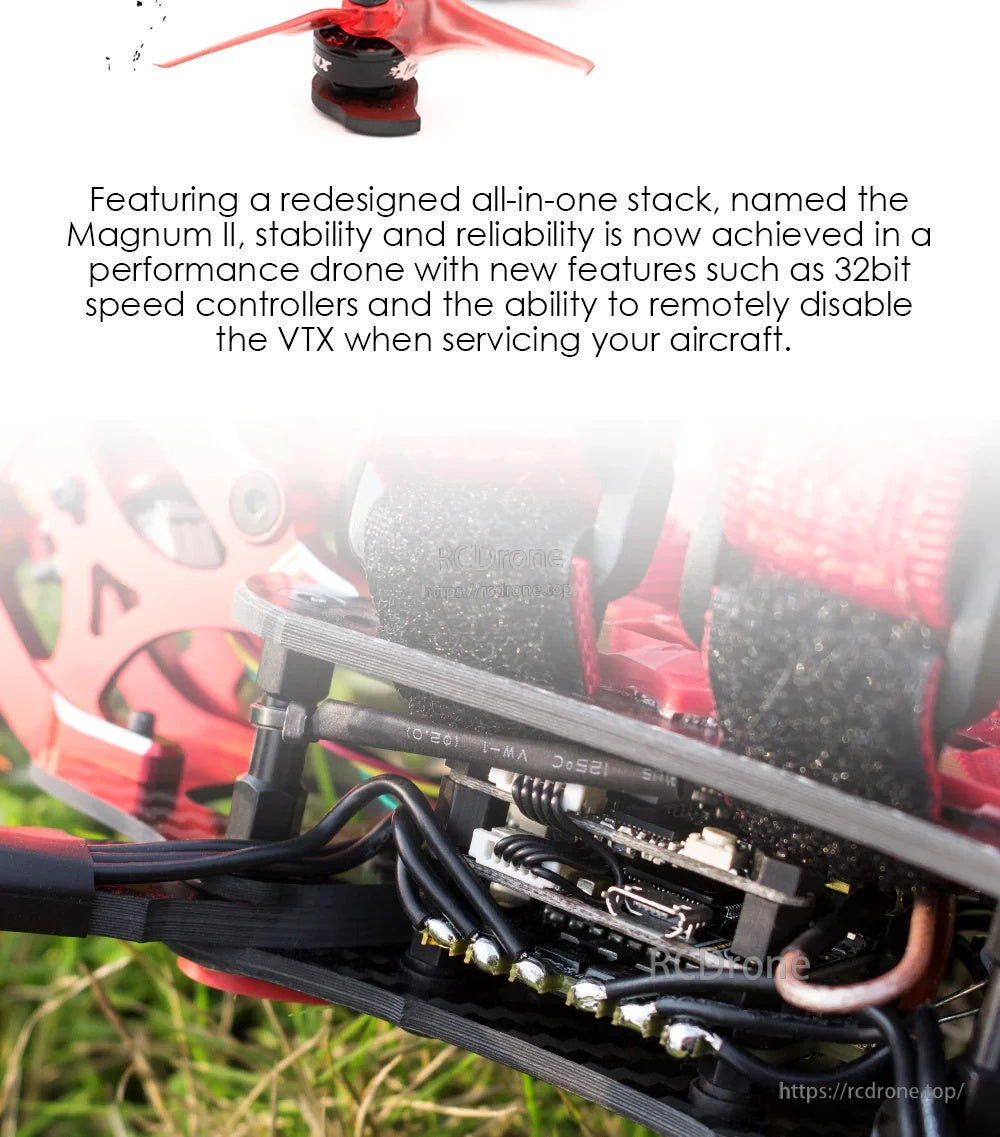 Internal electronics close-up showing the Magnum II all-in-one stack and wiring inside the EMAX Buzz frame