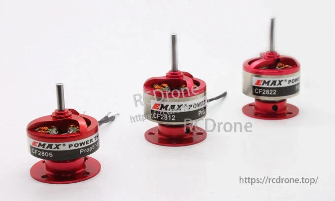 Size comparison photo of Emax CF2805, CF2812, and CF2822 red brushless motors lined up