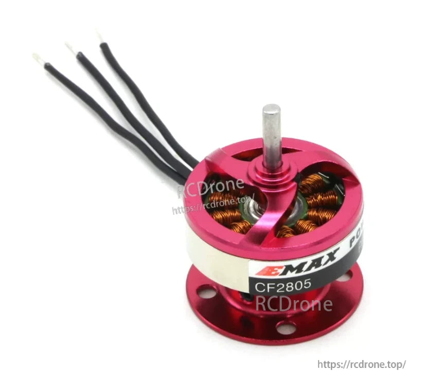 Emax CF2805 2840KV brushless motor with three solder leads and base plate on white background