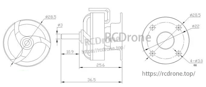 CF2805 motor mechanical dimension drawing with 28.5 mm outer diameter, 3 mm shaft, and 4×3.0 mm mounting holes