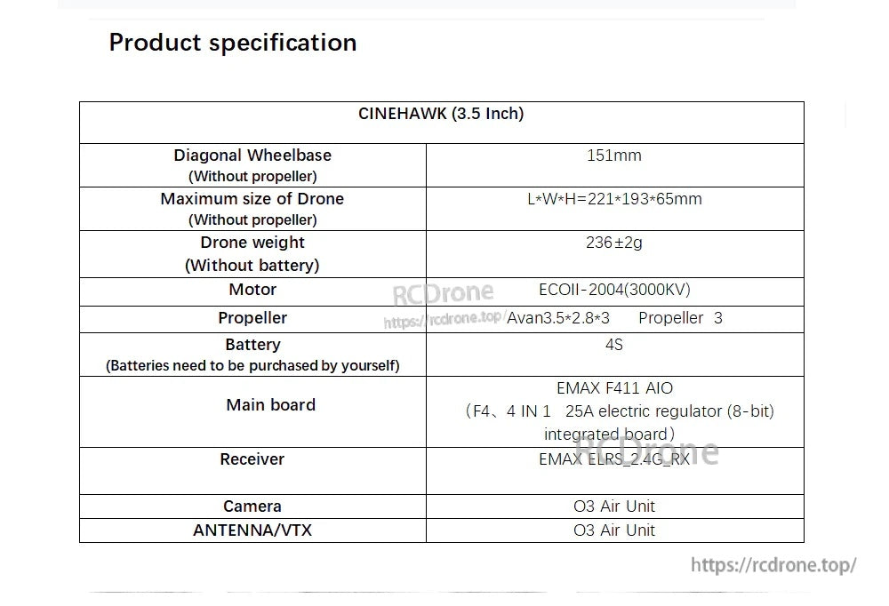 Cinehawk (3.5 inch) product specification table listing wheelbase, size, weight, motor, battery, and O3 Air Unit
