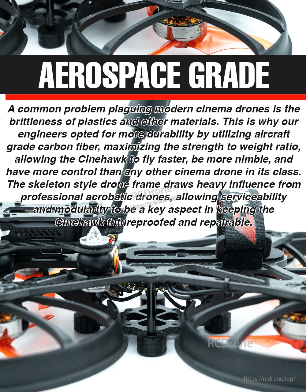 Carbon fiber frame and duct layout on the Cinehawk HD, highlighting serviceable, modular cinewhoop design