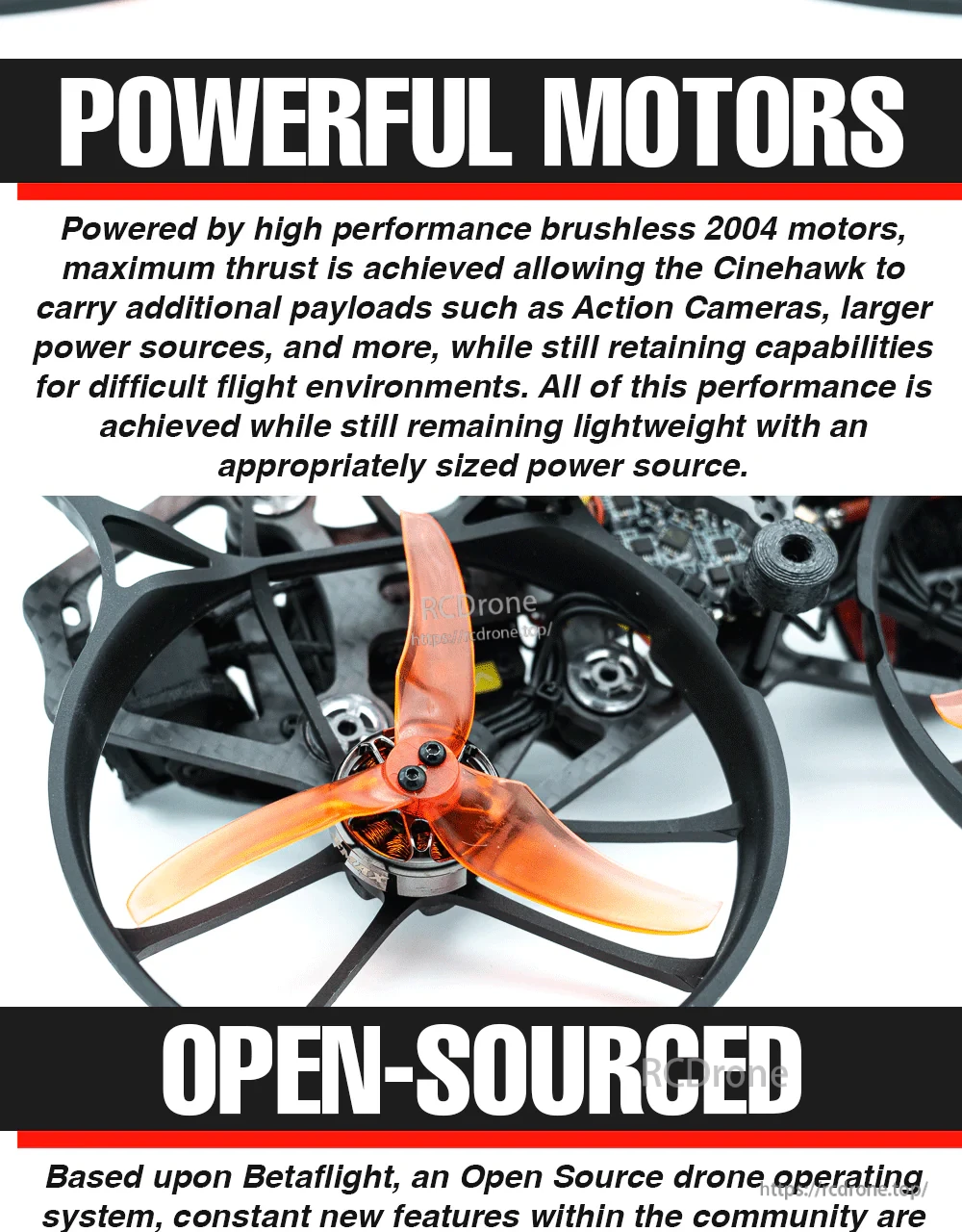 2004 brushless motor and Avan 3.5-inch tri-blade prop detail on EMAX Cinehawk HD drone