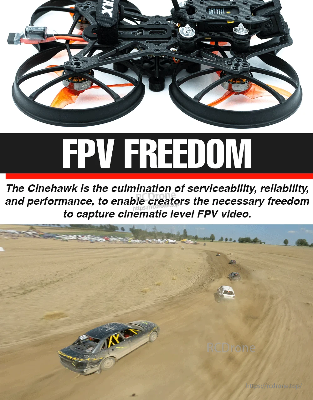 Cinehawk HD cinewhoop body with “FPV Freedom” banner and sample action scene for cinematic flying