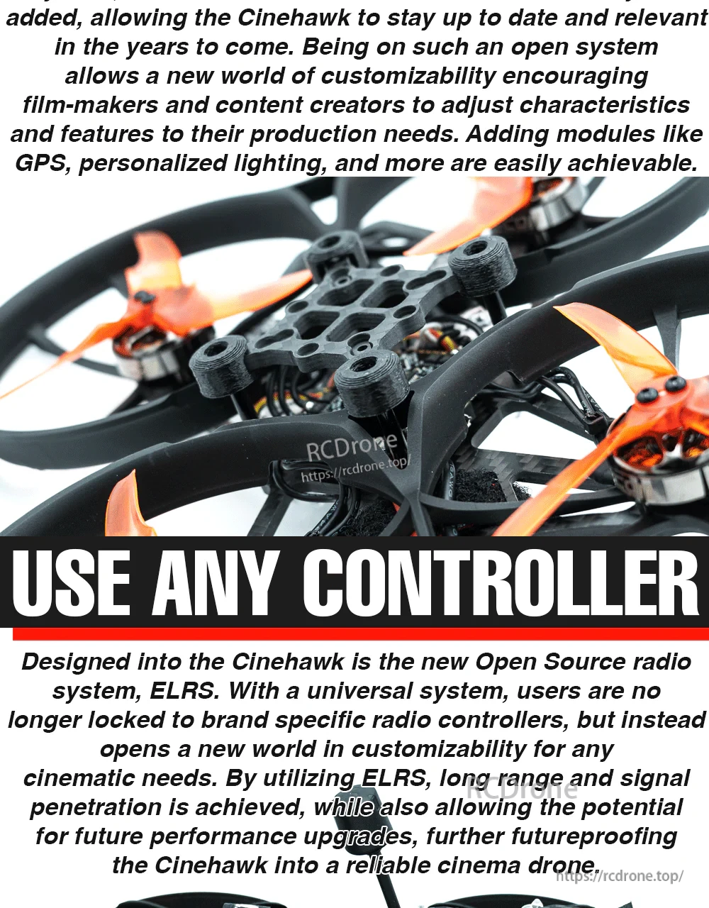 Top plate and ducted prop layout with “Use Any Controller” ELRS messaging for Cinehawk HD FPV drone