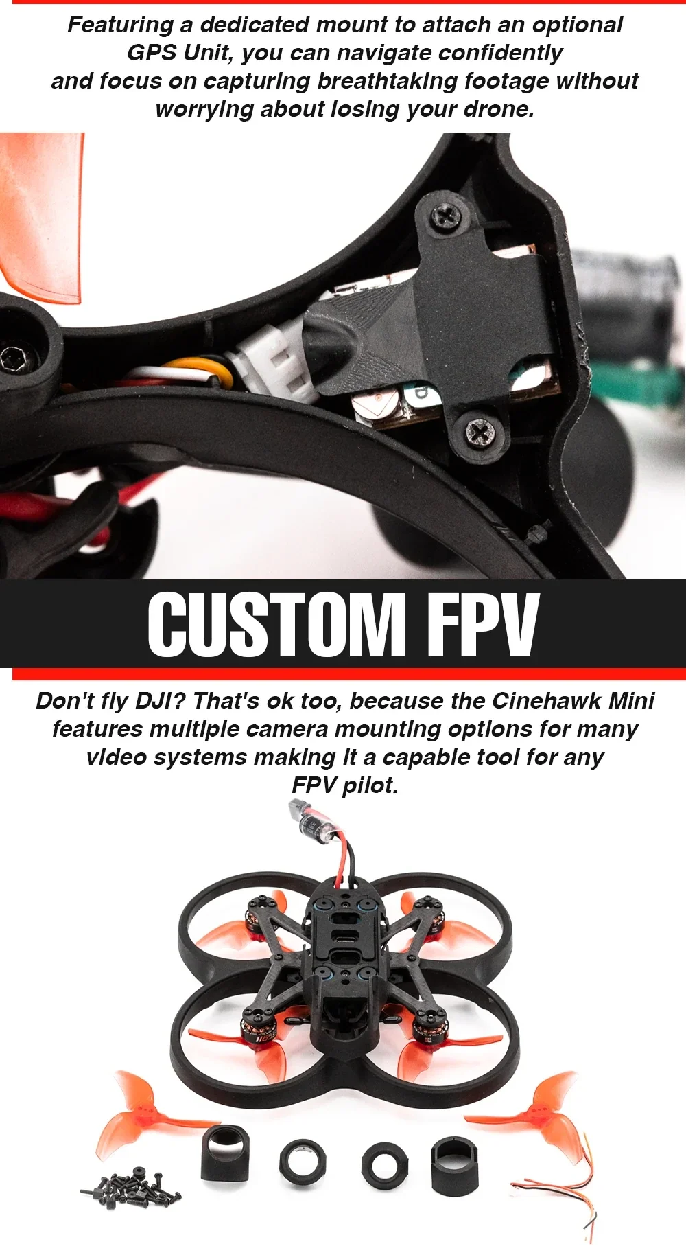 Cinehawk Mini custom FPV mounting options and included accessory parts layout for flexible camera and system setups