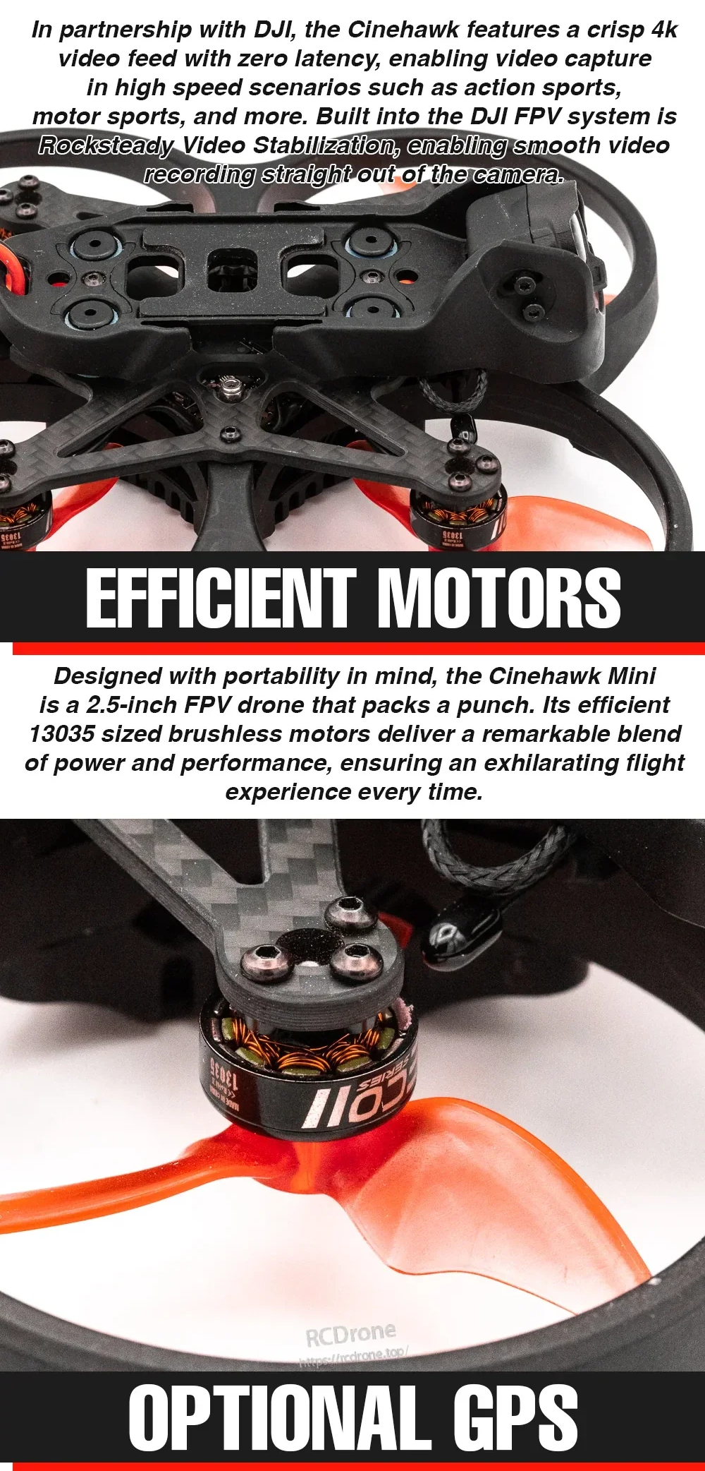 EMAX Cinehawk Mini 2.5 Inch FPV close-up highlighting 13035 brushless motors and optional GPS mounting support