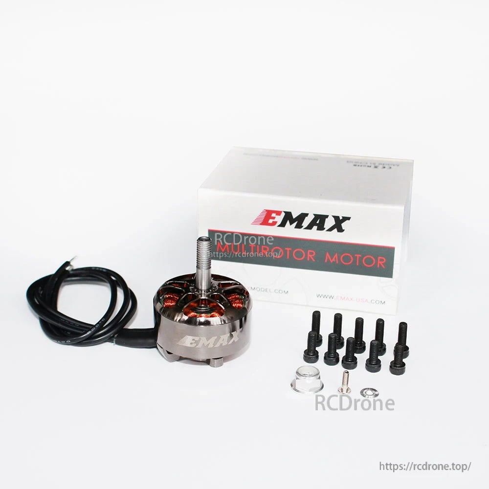 Package contents: EMAX motor with retail box, mounting screws, washers, and nuts