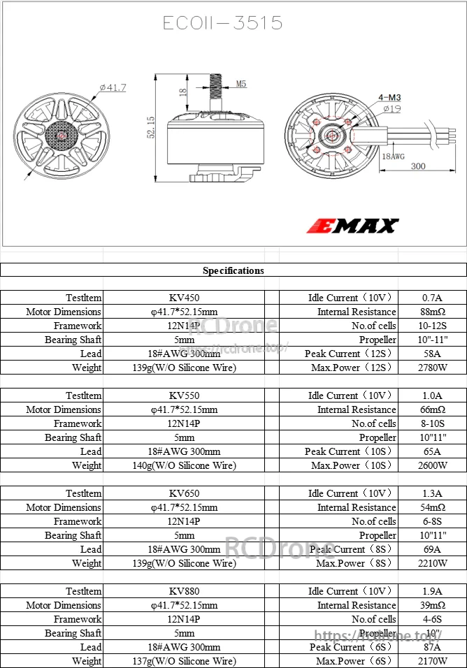 Emax ECOII 3515 brushless motor dimension drawing with 5mm shaft, 19mm M3 mount pattern and 300mm leads
