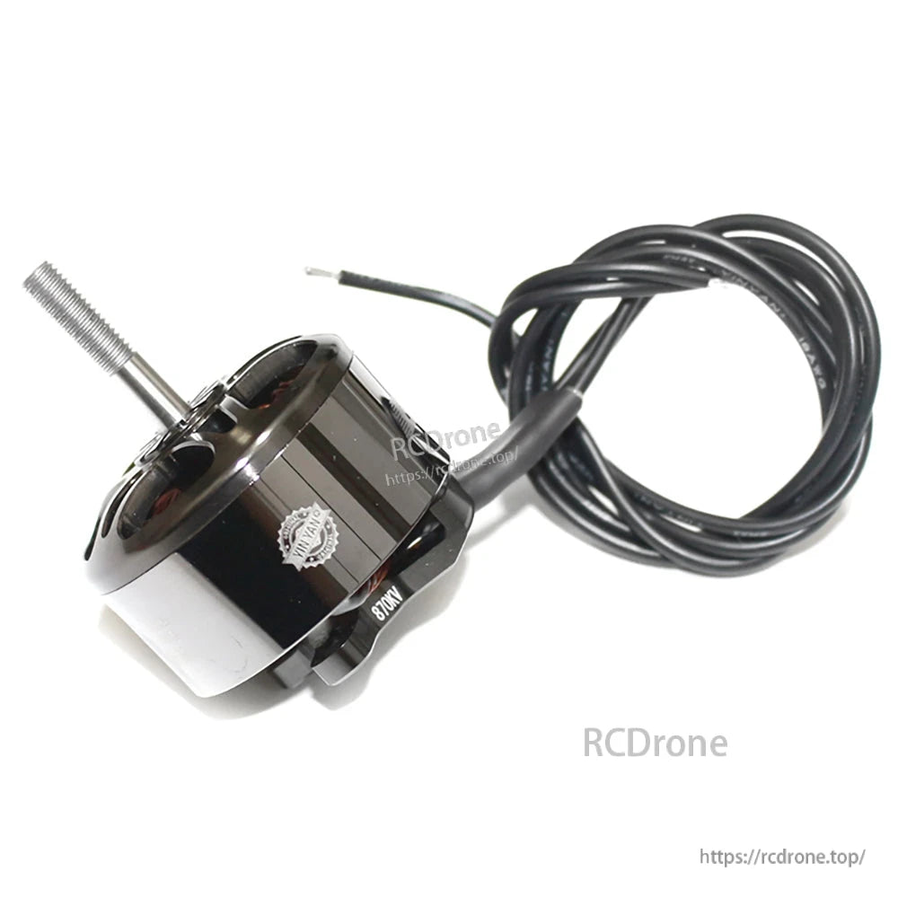 Brushless motor angled side view with wiring and heat-shrink lead, showing reflective can finish
