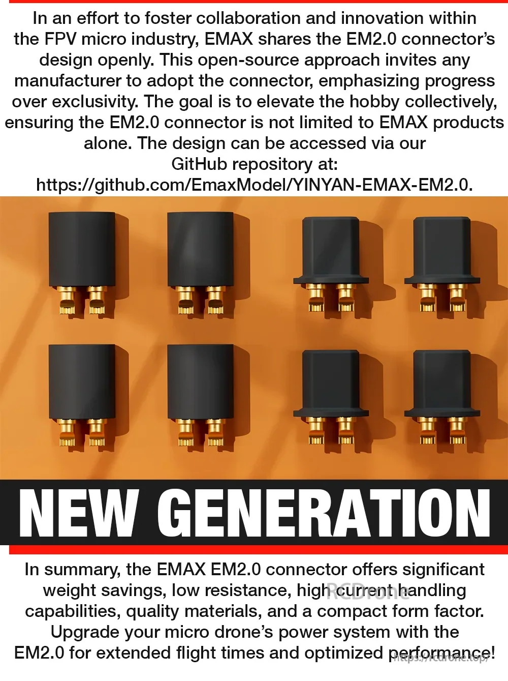 EMAX EM2.0 connector lineup with open-source GitHub repository link and “New Generation” callout