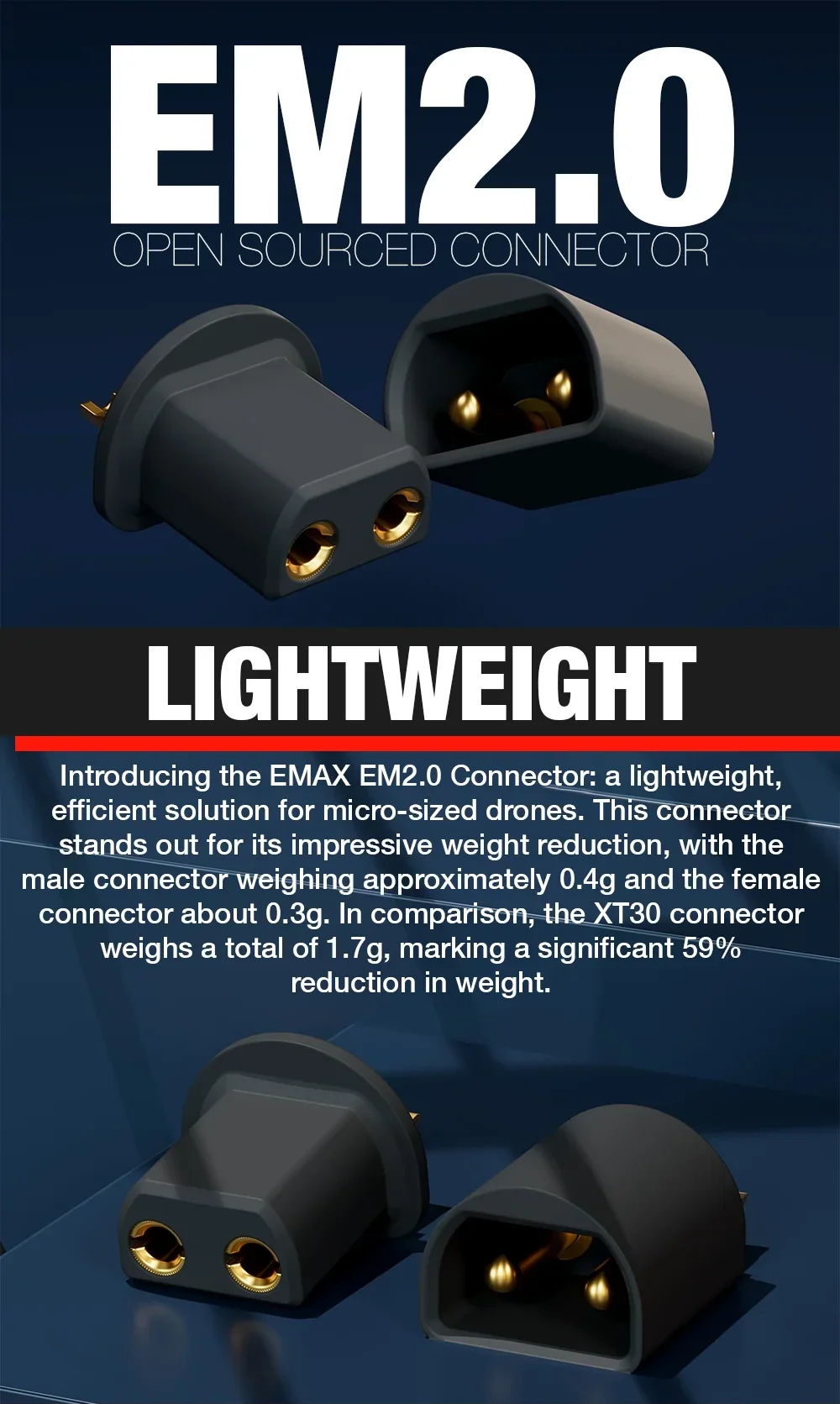 EMAX EM2.0 open-sourced micro drone power connector set highlighting lightweight male and female plugs