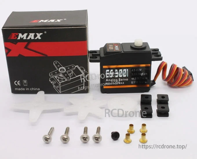 Emax ES3001 analog servo with EMAX box, servo horns, mounting screws, grommets and bushings