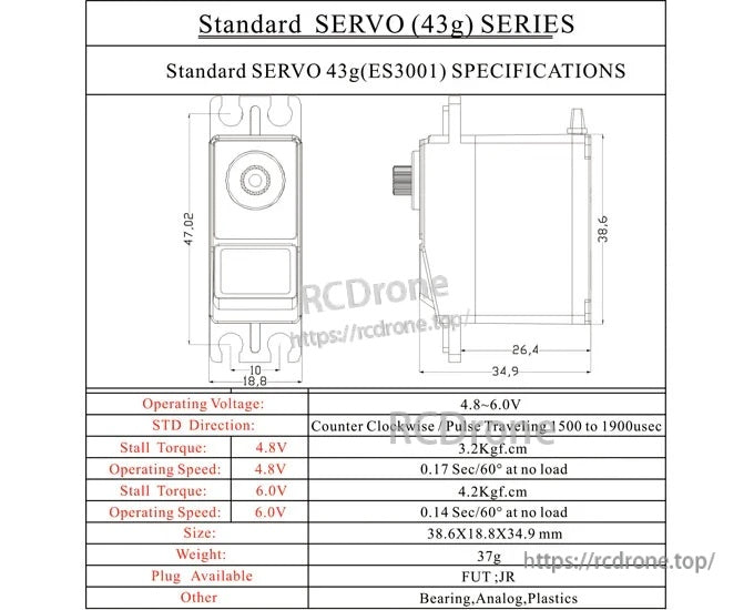 ES3001 standard servo specification sheet with dimension drawing, torque and speed ratings at 4.8–6.0V