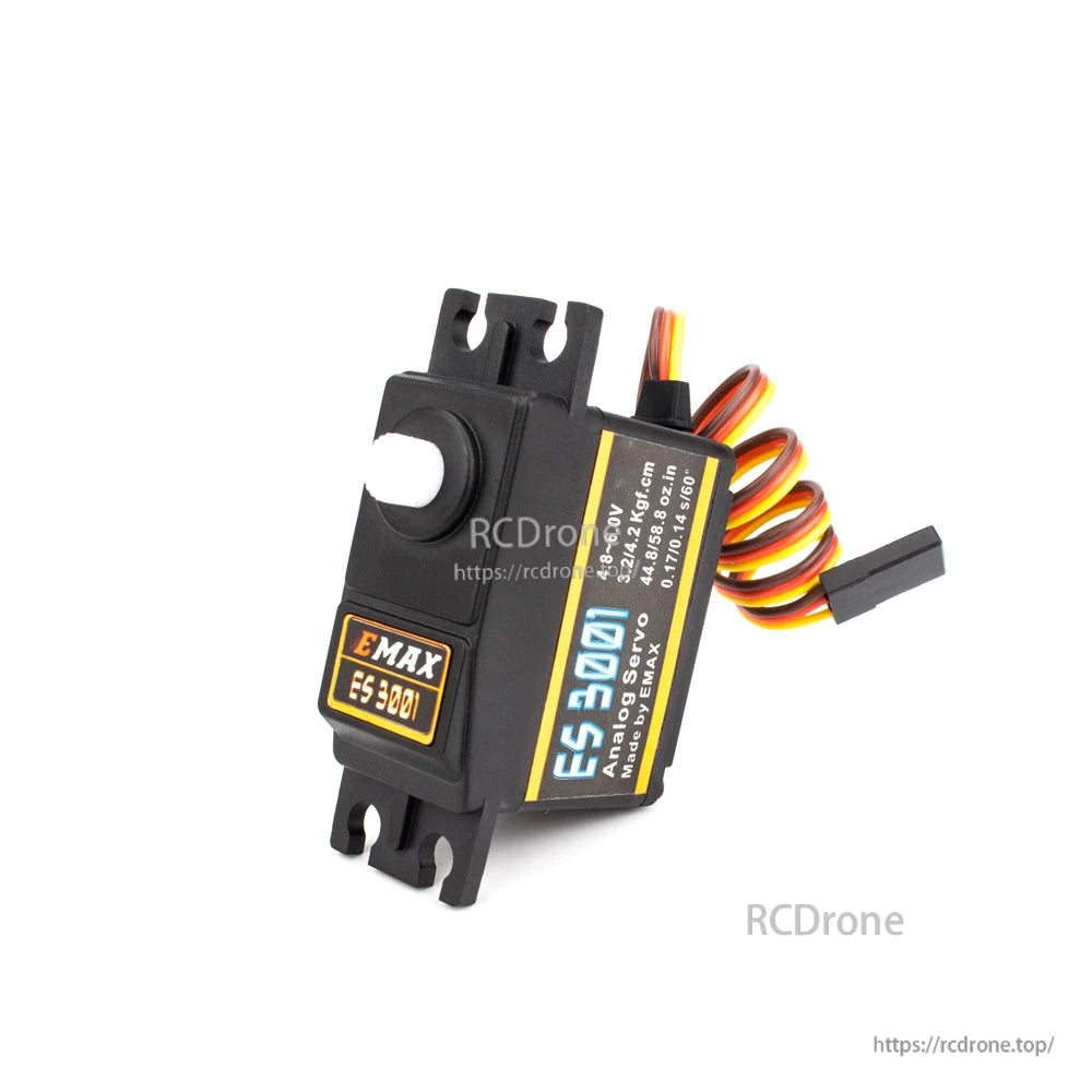Top and label view of ES3001 servo showing output shaft, mounting ears, and printed specs