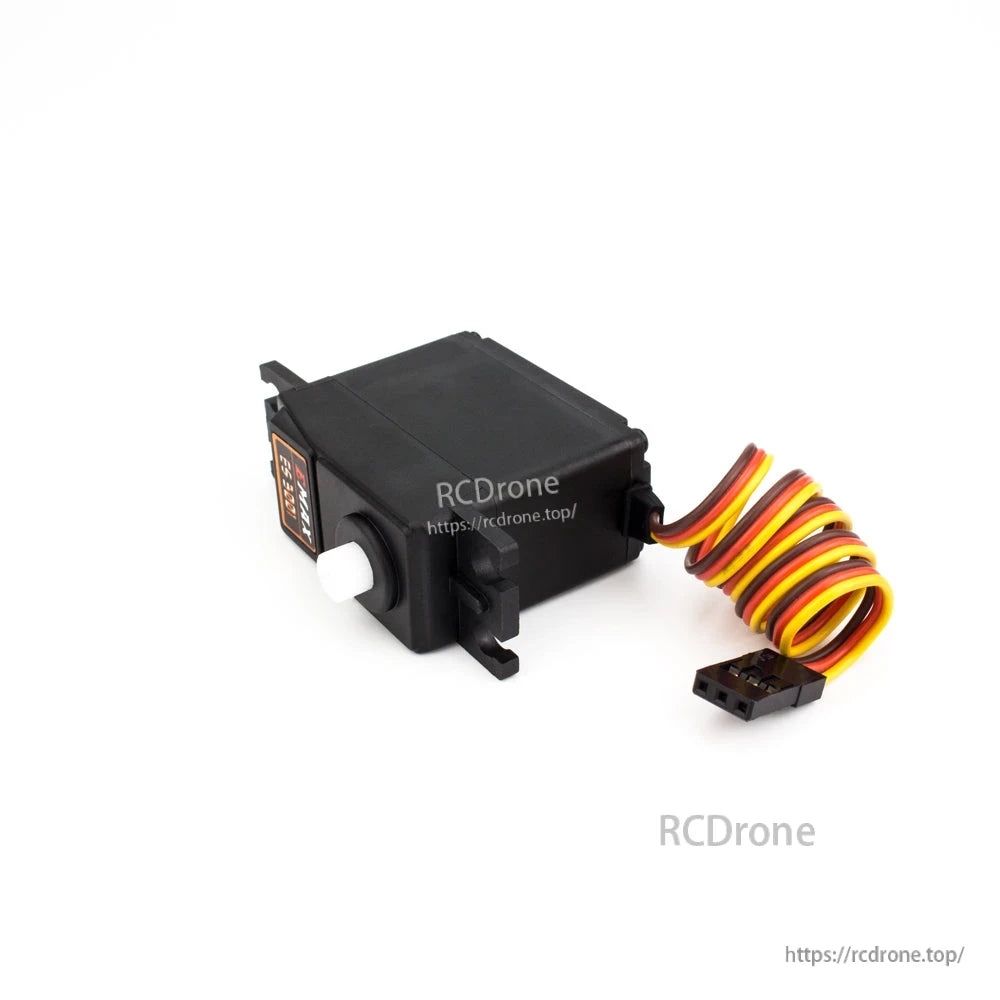 Rear view of standard-size RC servo showing mounting tabs, cable exit, and 3-pin connector