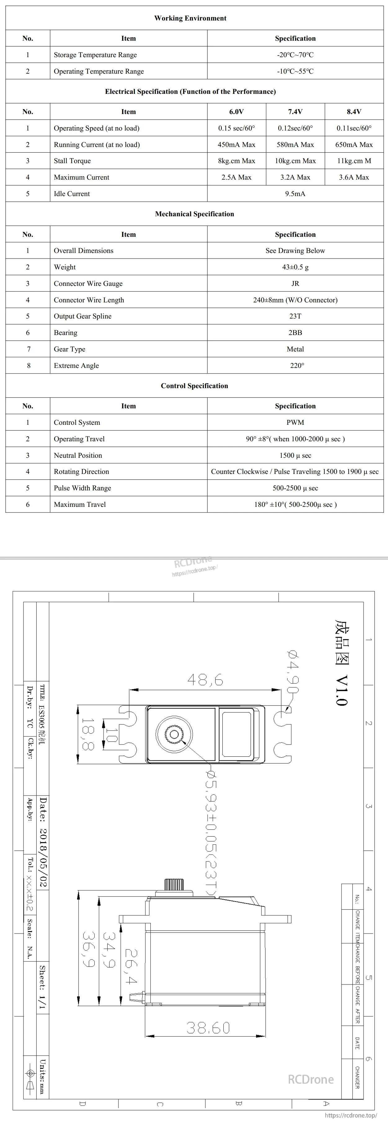 Emax ES3005HV servo specification table and dimension drawing with 48.6×18.8×36.9 mm measurements