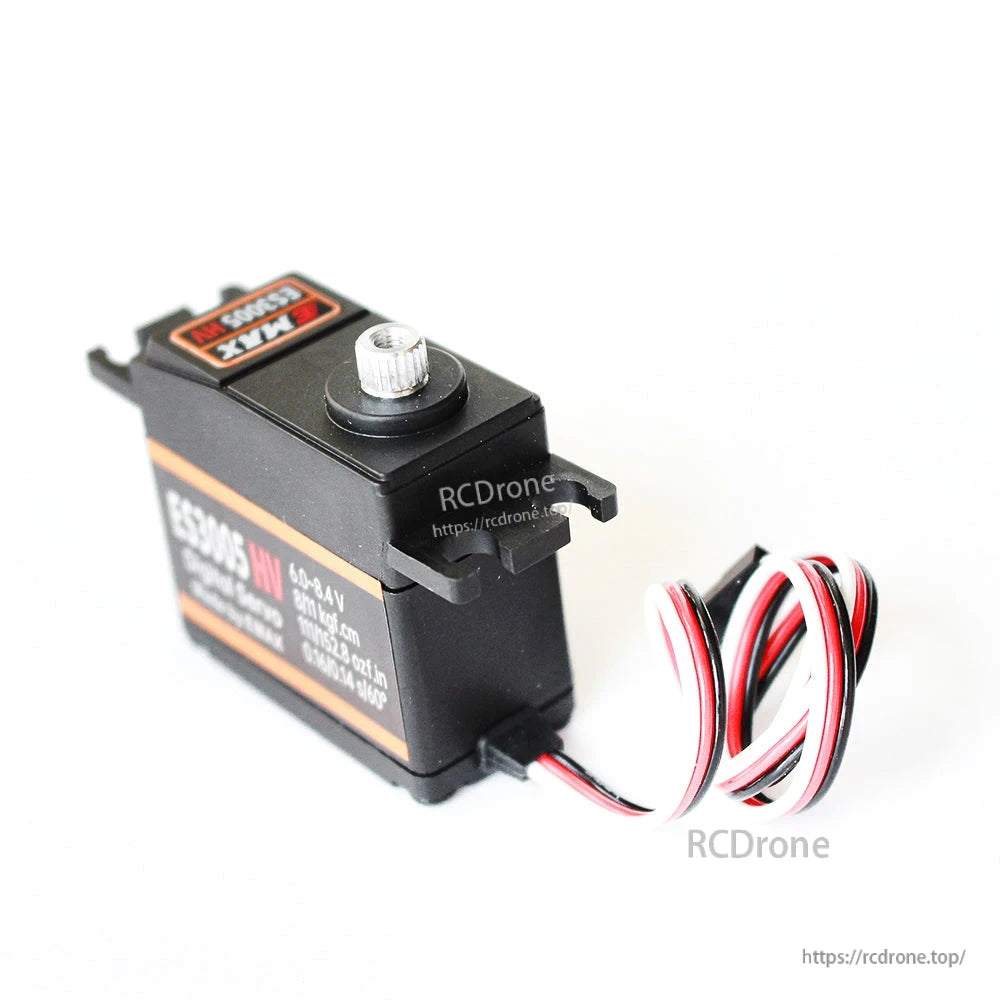 Servo rear-side view showing wire exit strain relief and red/black/white cable to plug