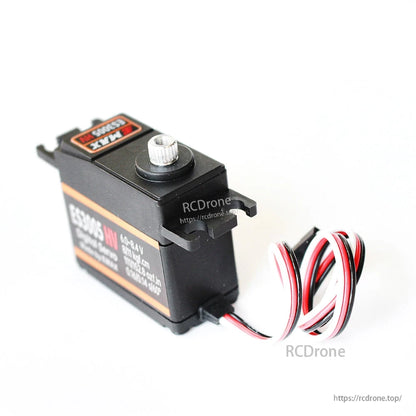 Servo rear-side view showing wire exit strain relief and red/black/white cable to plug