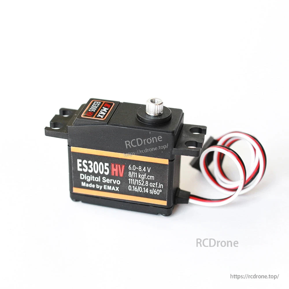 Digital servo close-up with mounting ears, top spline, and three-wire PWM lead