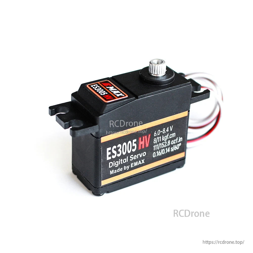 Emax ES3005HV metal gear digital servo angled view showing output spline and mounting tabs