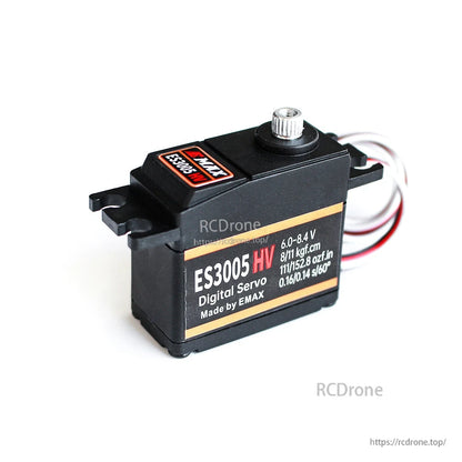 Emax ES3005HV metal gear digital servo angled view showing output spline and mounting tabs