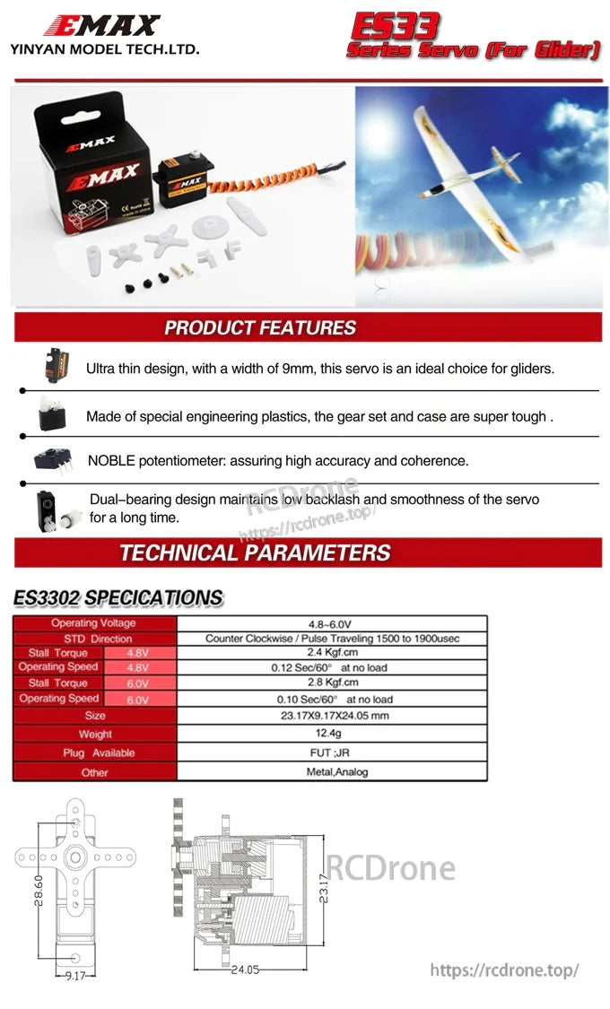 EMAX ES3302 mini metal gear analog servo with accessories, feature list, specifications table, and dimensions