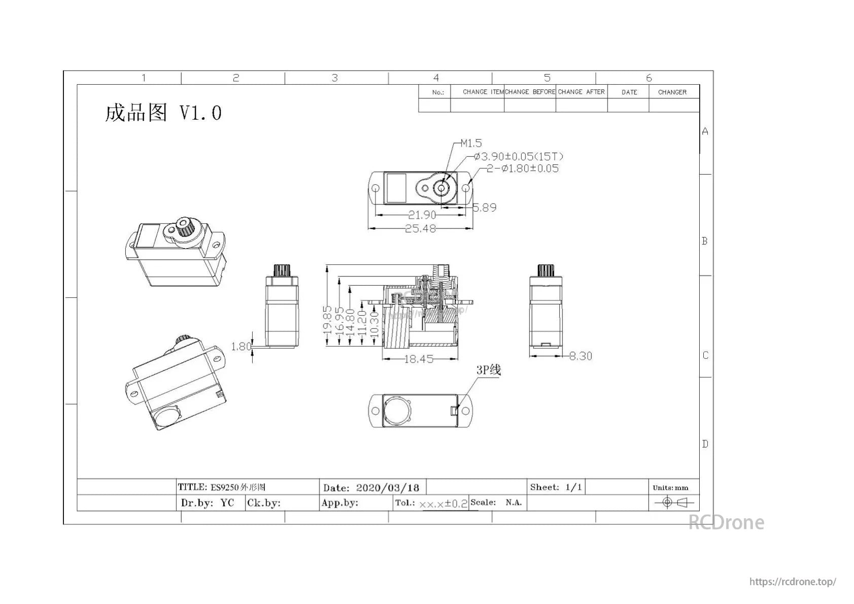 ES9250MD servo mechanical drawing with dimensions, mounting hole spacing, and 15T spline measurements