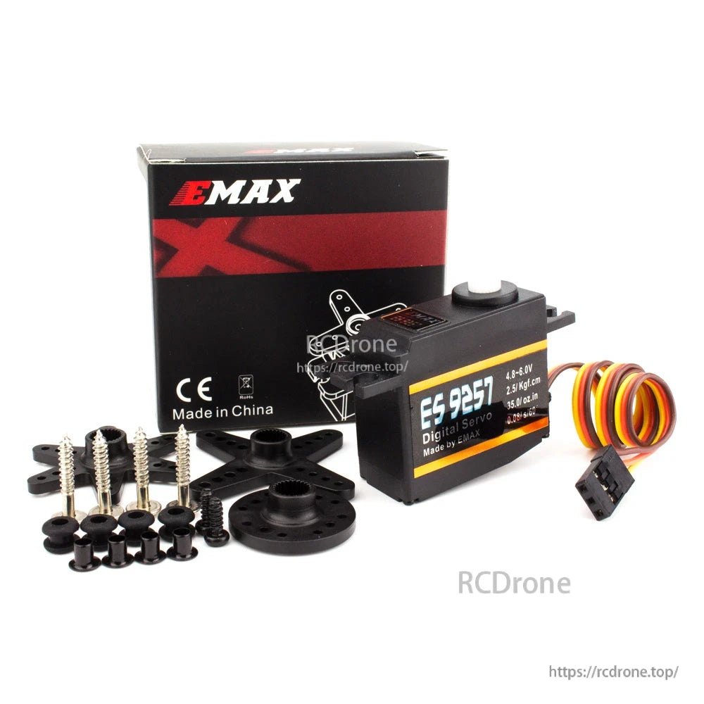 EMAX ES9257 servo set with retail box, hardware screws, grommets, servo arms and round horn