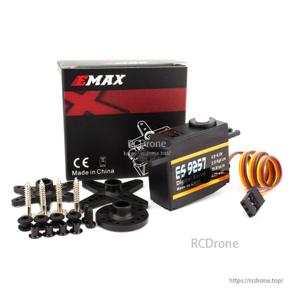 EMAX ES9257 servo set with retail box, hardware screws, grommets, servo arms and round horn