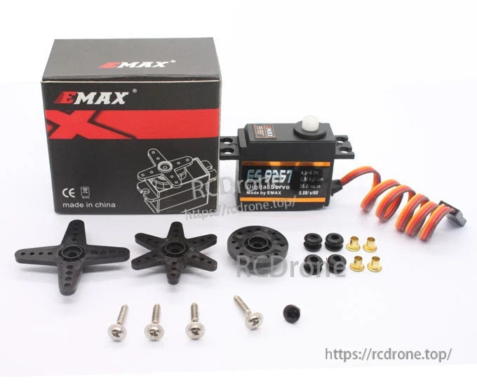ES9257 servo kit with EMAX box, servo horns, screws, rubber grommets and brass eyelets