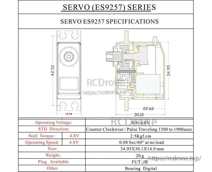Emax ES9257 servo dimensions and specifications chart for 450-class RC helicopter tail rotor setup