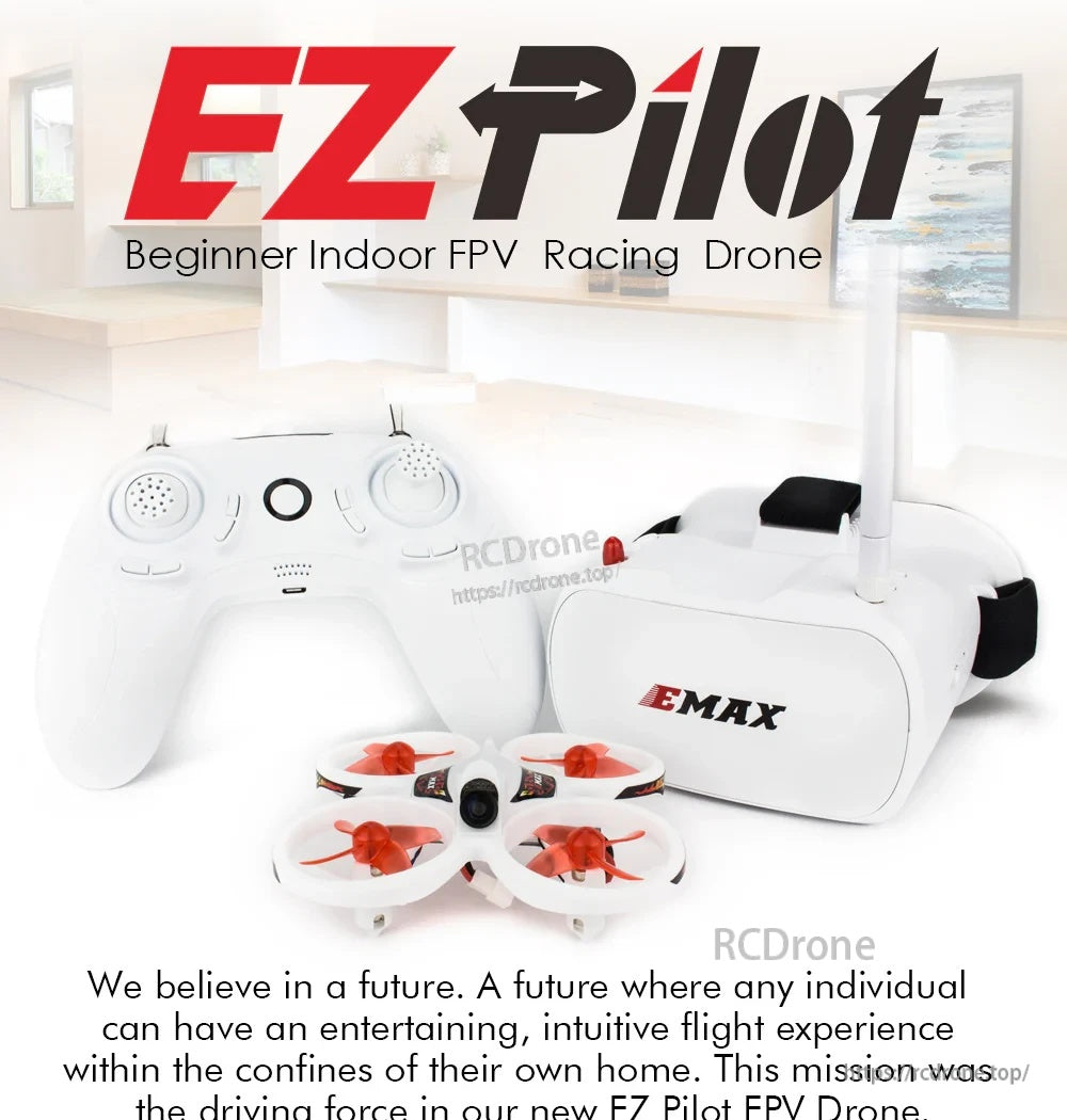 EMAX EZ Pilot Indoor FPV RTF kit with micro quadcopter, radio controller, and Transporter FPV goggles