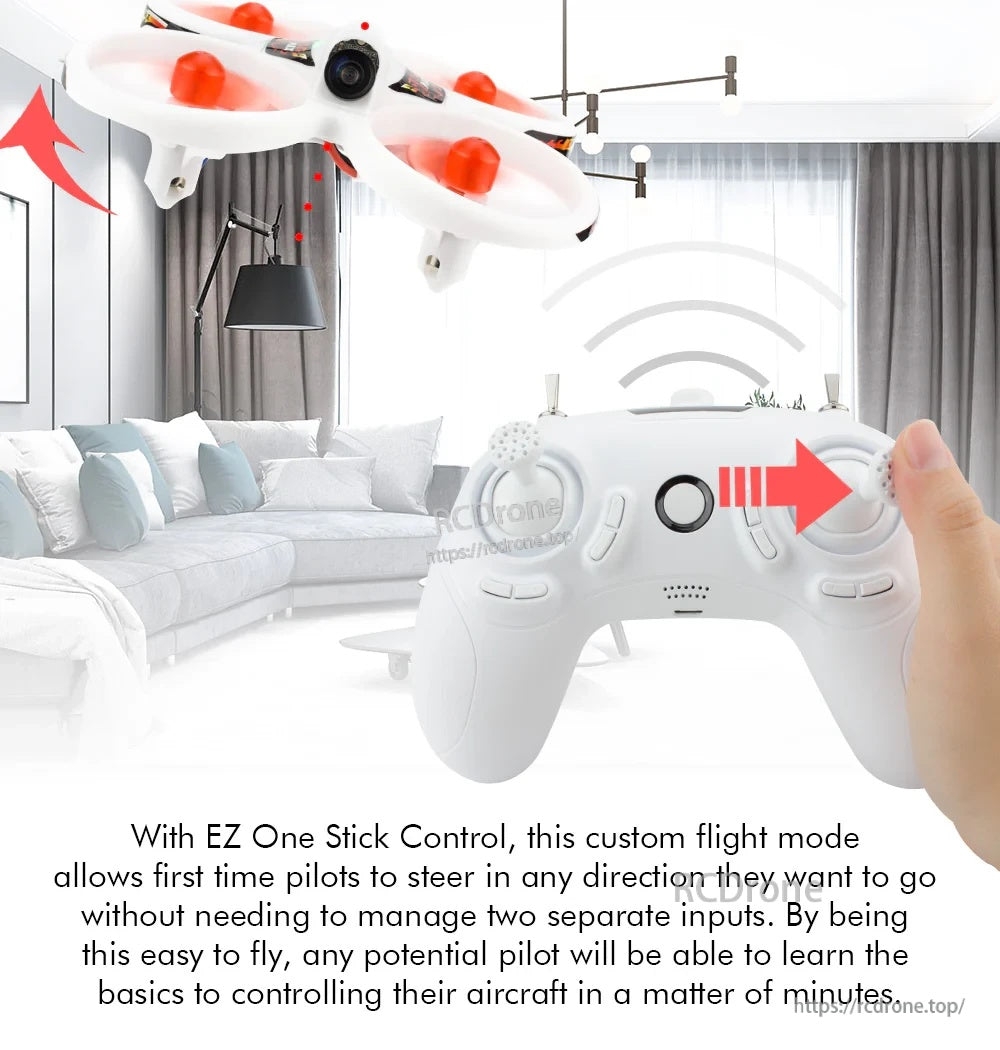 EZ Pilot controller in hand with one-stick steering graphic for simplified indoor flight control